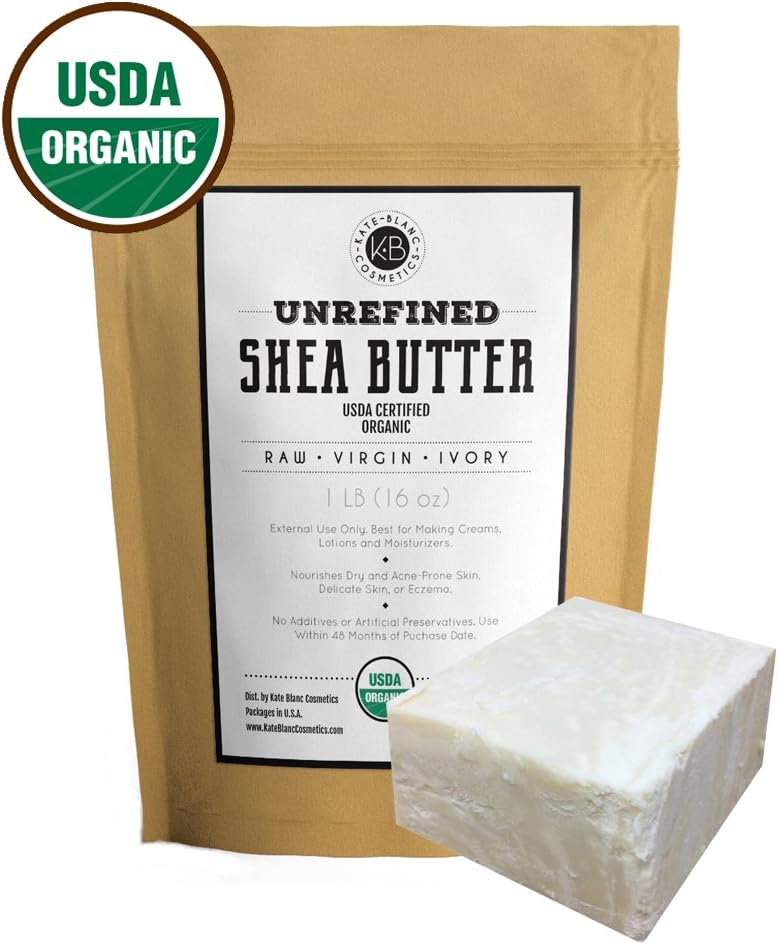 Raw Shea Butter for Face, Hair and Dry Skin (1 LB) by Kate Blanc. USDA Certified Organic, Unrefined, Fair Trade. Great for Stretch Marks, Beard, Soap Making, Body Butter, Lip Balm, Lotion, Conditioner