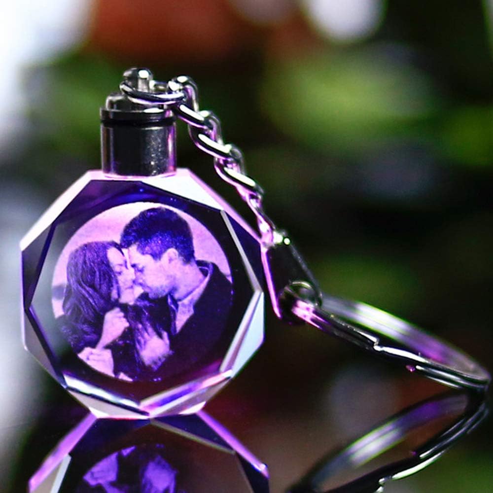 Ninibisa Personalized Picture Keychain Custom LED Laser Engraved Etched Crystal Glass Keychain with LED Light Custom Keyring Gift for Him Men Friends