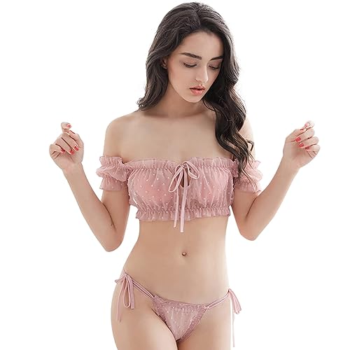 sexy lingerie shorts Women 2Pcs Cute & Sexy Chiffon Strip Lingerie Set Polka Dot Transparent Bra  and Thongs Set, Cute Pink, One Size in Saudi Arabia