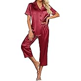 Ekouaer Womens Satin Pajamas Silk Capri Pjs 2 Piece Lounge Sets Short Sleeve Button Down Sleepwear