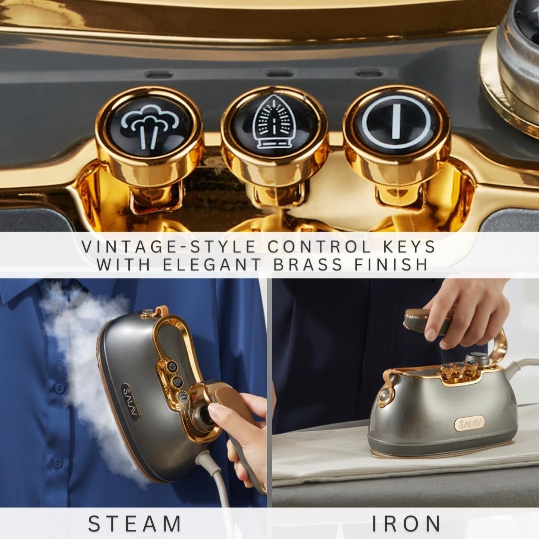 SALAV® Retro Edition Duopress Handheld Garment Steamer and Iron, Ceramic Plate, 1000 watts of Steam, Removes Wrinkles on Clothes, Vintage Style No Drip Steam, Titanium