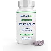 Methyl-Life&reg; Pure L-Methylfolate 7.5mg + Vitamin B12 (Hydroxy B12 &amp; Adenosylcobalamin) | Active 5-MTHF Calcium with Cerebrofolate&reg; | Vegan, Non-GMO, Gluten-Free | 90 Chewable Tablets