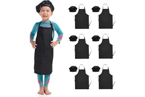 Hi loyaya 12 Pieces Black Kids Chef Hat and Apron, Adjustable Painting Aprons Sets with Pockets For Children Girl Boy Cooking