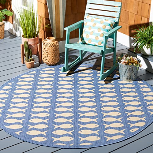 SAFAVIEH Washable Rug Outdoor Courtyard Collection - 5'3" Round, Blue & Beige,…