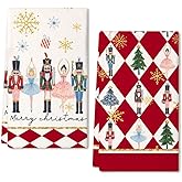 DineDia Nutcrackers Christmas Kitchen Towels Set of 2,Red Snowflake Xmas Tree Dish Hand Towels Holiday Home Indoor Bathroom Party Seasonal Noel Decorations DD036