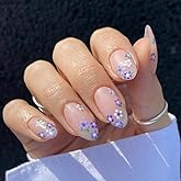 Flower Press On Nails Almond Fake Nails Medium Nude False Nails With Floral Design Full Cover Glue On Nail Summer Press Ons Artificial Cute Stick On Nail For Women Manicure 24pcs