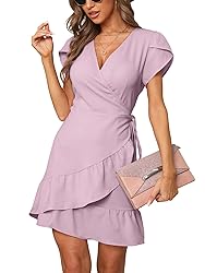 SAMPEEL Womens Tie Waist Summer Dress V Neck Petal