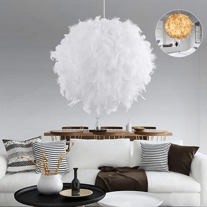 White Feather Light Ceiling Pendant Light Shade, Fluffy Lamp Romantic