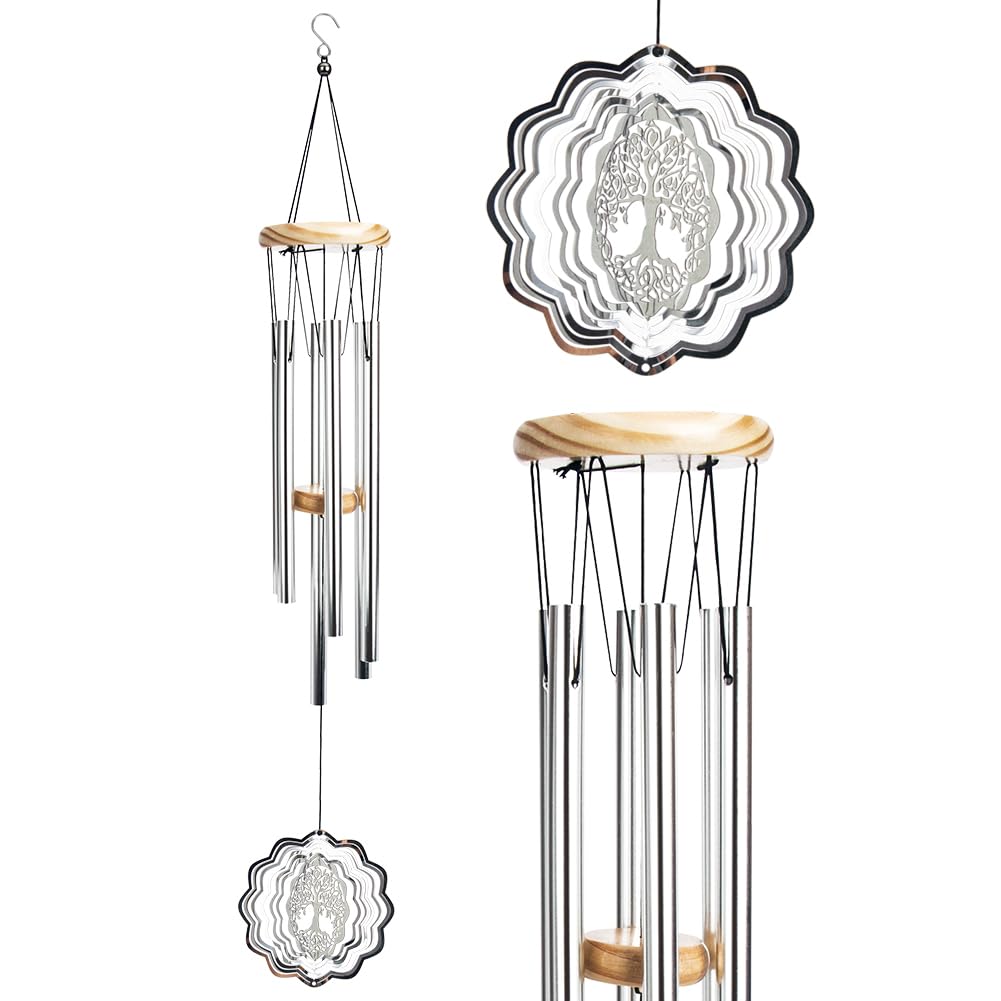 Wind Chime with Wind Spinner, Creative Wind Chimes with 6 Hollow Aluminium Tubes, Wooden Wind Chimes for Garden Decoration, Christmas Birthday Gifts (Silver Tree)