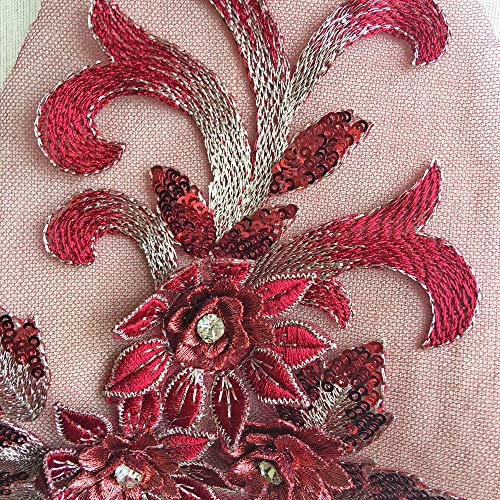 Shimmer Burgundy 3D Flower Lace Applique Crystal Sequined Embroidery Lace Patch Wedding Motif Sew on Dress Gown Costumes