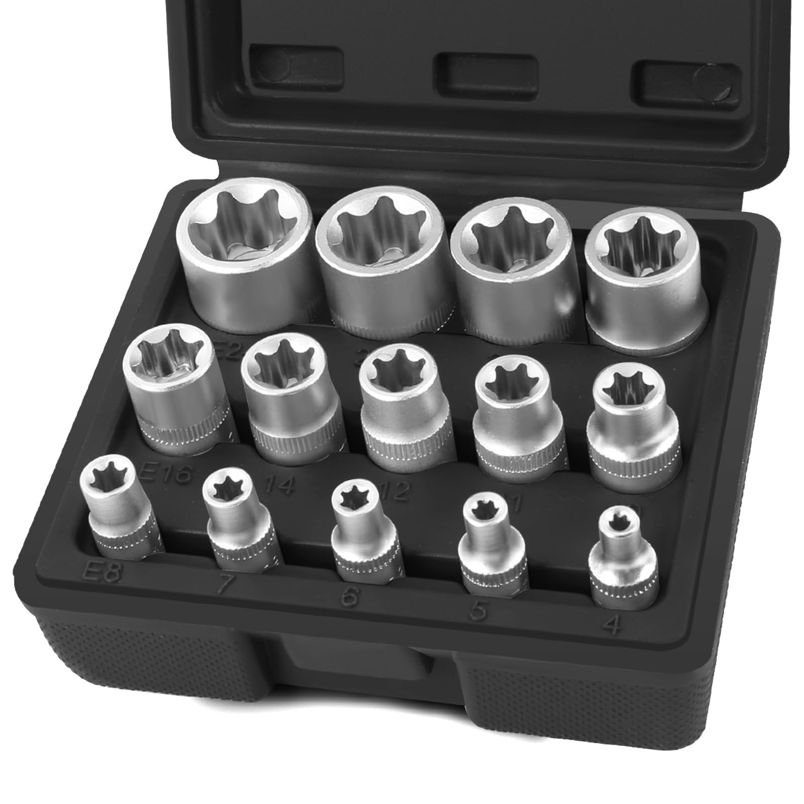 FIFIBANG 14-Piece E-Torx Star Socket Set for Automotive Tools, E4 – E24 Profile Sockets, E-TORX Female Star Sockets with Case 1/2'', 1/4'', 3/8'' (Black)