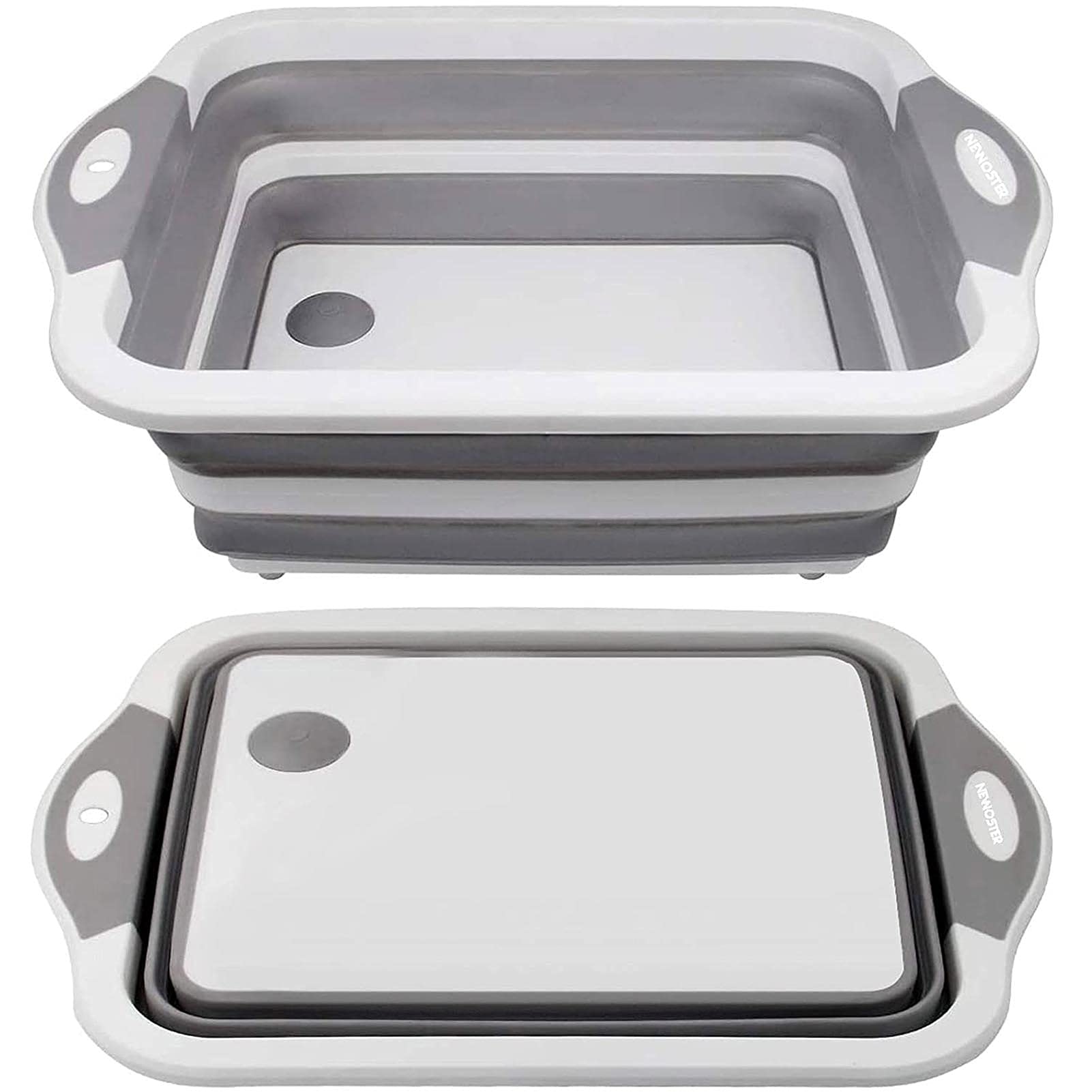 NEWOSTER Collapsible Cutting Board - Multifunction Chopping Board, Basin Drainer & Washing Bowl Dish Tub Draining Plug Kitchen Scissors Portable Drain Basket for Camping, Picnic, BBQ (Gray)