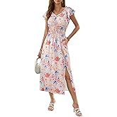 Yousify Women's Summer Dresses Casual Floral Boho Short Sleeve V Neck Slit Ruffle Beach Midi Dress Vacation Sundresses