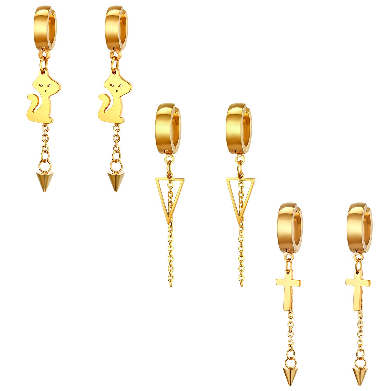 Cupimatch 3 Pairs Cat Triangle Cross Cone Tassle Dangle Earrings Set, Gold Stainless Steel Clip On Hoop Huggie Hinged Earrings for Women Men