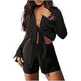 SHENHE Women's Y2k Deep V Neck Tie Front Top Sexy Long Sleeve Plisse Pleated Blouse Shirt Tops