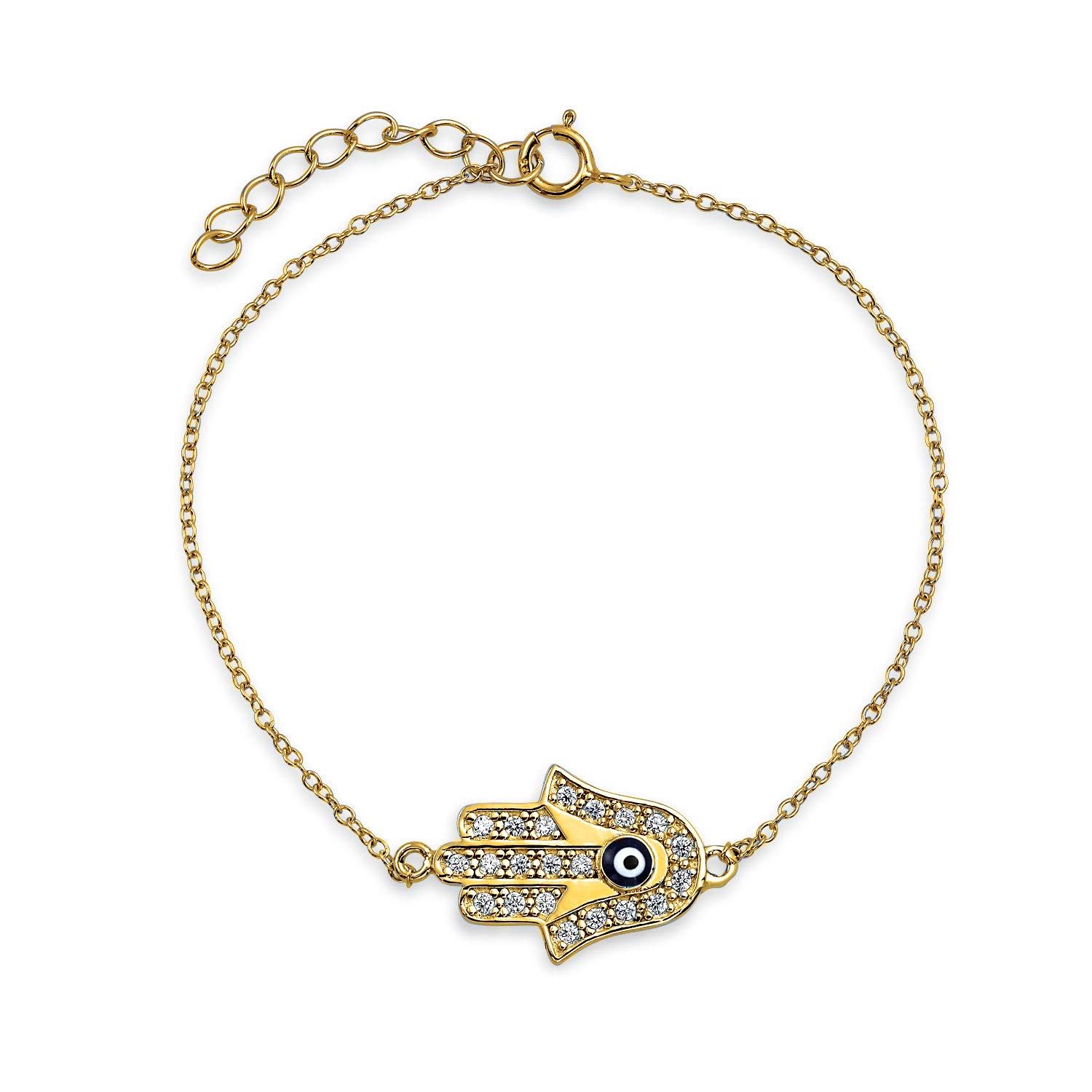 Bling Jewelry Turkish Amulet Talisman Delicate Dainty Evil Eye Hamsa Hand Charm Bracelet For Women Teens Cubic Zirconia CZ Gold Plated .925 Sterling Silver 7 8 Inch Adjustable Extender — image 1