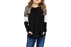 SELINK Girl's Casual Big Kids Long Sleeve Striped Color Block Casual Tees with Pockets
