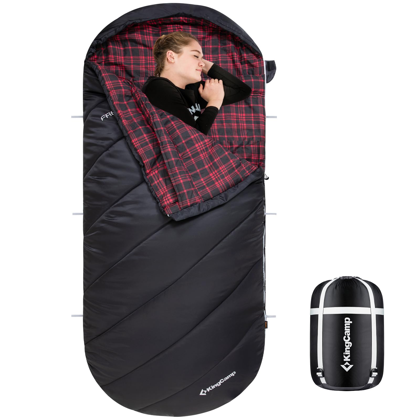 Photo 1 of KingCamp Camping Sleeping Bag- XL with Hood, Extra Tall Big Wide Cotton Flannel Lined Portable Packable Sleeping Bags for Cold Warm Weather Backpacking, Hiking, Travel, Outdoors, Black-Large