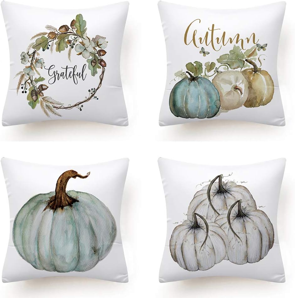 LAKYTION Fall Pillow Covers 18 x 18 Inch Set of 4 Autumn Decorations Pumpkin Pillow Covers Fall Decor Grateful Halloween Thanksgiving Day Throw Pillow Covers Cushion Cover