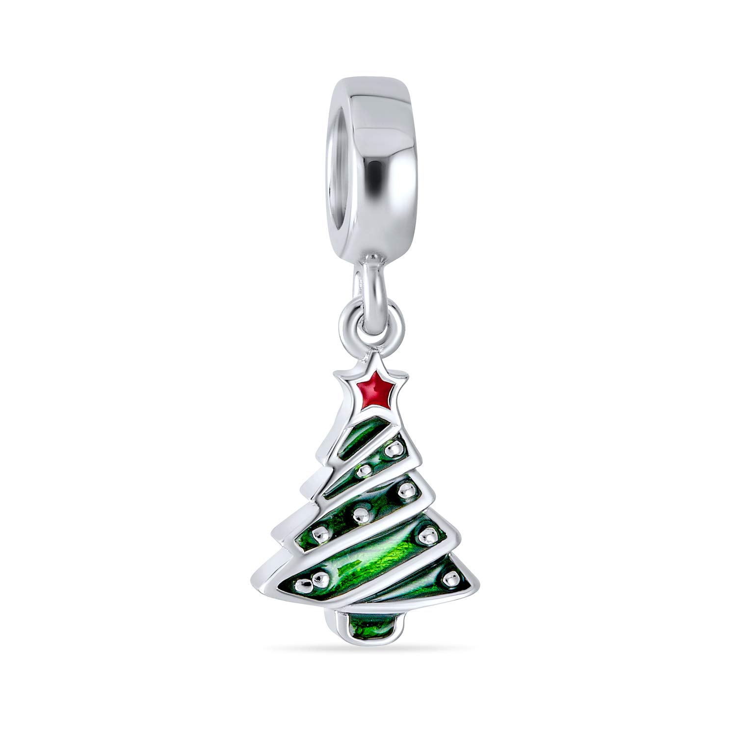 Bling Jewelry Holiday Red Star Green Decorated Christmas Tree Dangle Charm Bead For Women Teen Enamel .925 Sterling Silver Fits European Bracelet — image 1