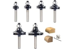 SICWOOD 6pcs Roundover Router Bit Set - Round Over Router Bits 1/4 Shank with 6 Bearings 3/8", Carbide Corner Rounding Edge-Forming Bit, for Round Over Beading, for Rounding Trim…