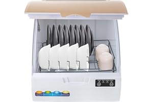 QIANMOON Small Countertop Dishwasher, 4 Washing Programs Neutral Freestanding Dishwasher with 3L Built-in Water Tank, 900W 360° Spraying Water Compact Dishwasher for Homes (900W White Gold)