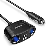 BESTEK 150W 2-Socket Car Cigarette Lighter Splitter Power Adapter DC Outlet Car Charger Dual 2.4A USB with 26 Inches Cord for