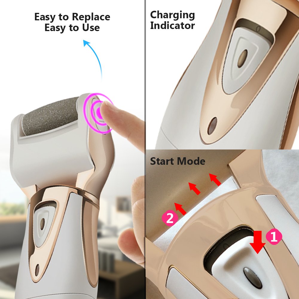 Electric Foot File - Rechargeable & Waterproof Callus Remover with Quartz Sand Remove Dead, Hard, Cracked Skin (Gold)
