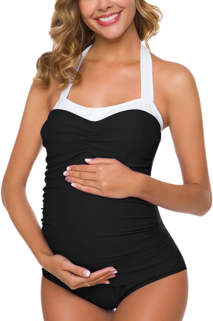 One Piece Maternity Swimsuits Padded Push Up Shirred Swimwear Vintage Beachwear
