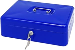 PACOLO Steel Cash Box with Key Lock, Metal Small Money Organizer with Money Tray,Cash Storage Box with Lockable Cover (Blue - 12 inch)