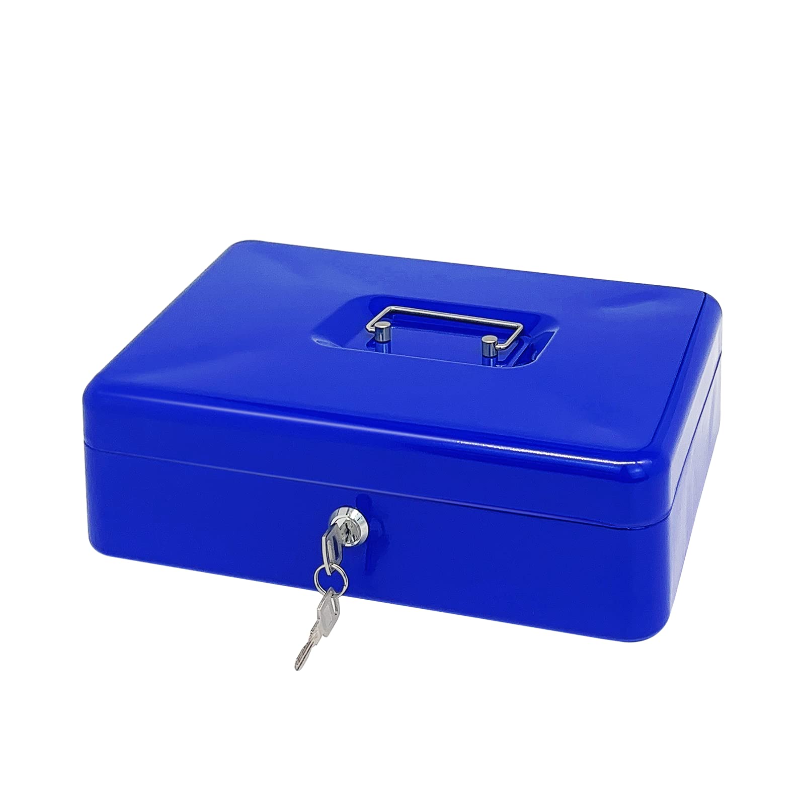 Steel Cash Box with Key Lock, Metal Small Money Organizer with Money Tray,Cash Storage Box with Lockable Cover (Blue-30 * 24 * 9 CM)