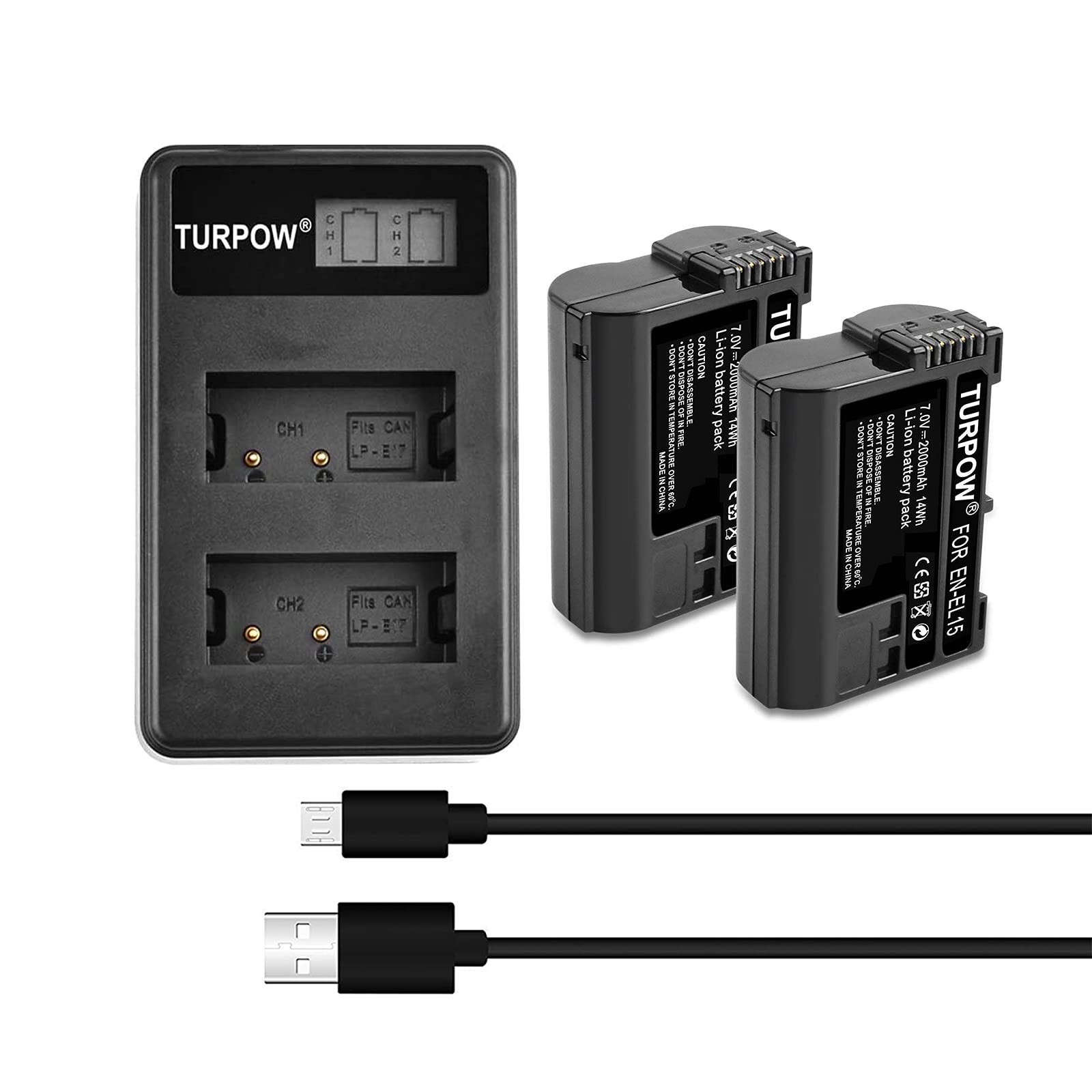 Turpow 2 Pack of EN-EL15B Batteries and Dual Battery Charger for Nikon Z6, Z7, D780, D850, D7500, 1 V1, D500, D600, D610, D750, D800, D800E, D810, D810A, D7000, D7100, D7200