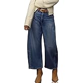PEIHOT Womens Elastic Mid Rise Jeans Wide Leg Cropped Trouser Denim Pants Dark Blue
