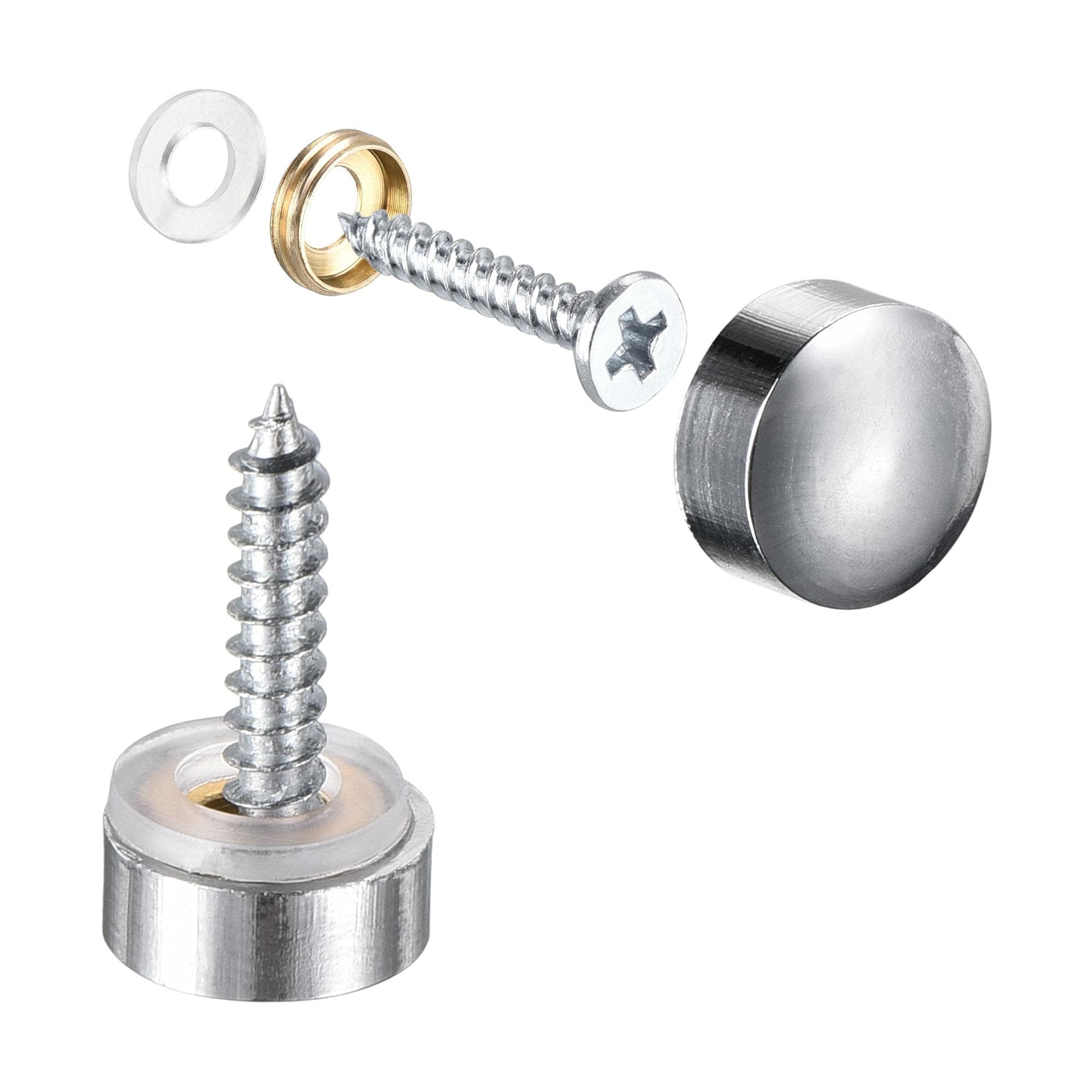 TOP-VIGOR 8Pcs Mirror Screws, 10mm brass Mirror Screws Cap Nail with Washers, Decorative Cap Covers Polished Mirror Nails for Mirrors, Furniture Fittings, Tables, Wardrobes, Glass, Silver
