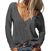 Danedvi Womens Tops Deep V Neck Long Sleeve Shirts Oversized Solid Color Casual Loose Top