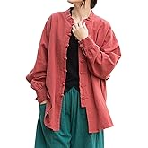 Aeneontrue Women's Linen Oversized Blouses Vintage Long Sleeve Jackets Loose fit Chinese Frog Shirts