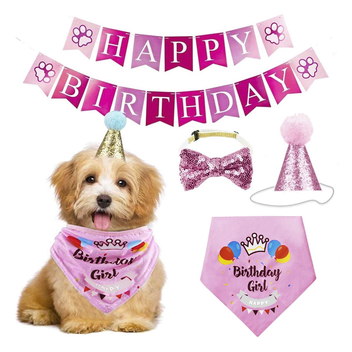 Pet Birthday Bandana Hat Banner Set Cats Dogs Birthday Bunting Banner Party Hat Triangle Scarfs Bow Tie 4PCS Set, Pet Puppy Birthday Party Supplies Set Birthday Party Decor for Small Medium Dogs