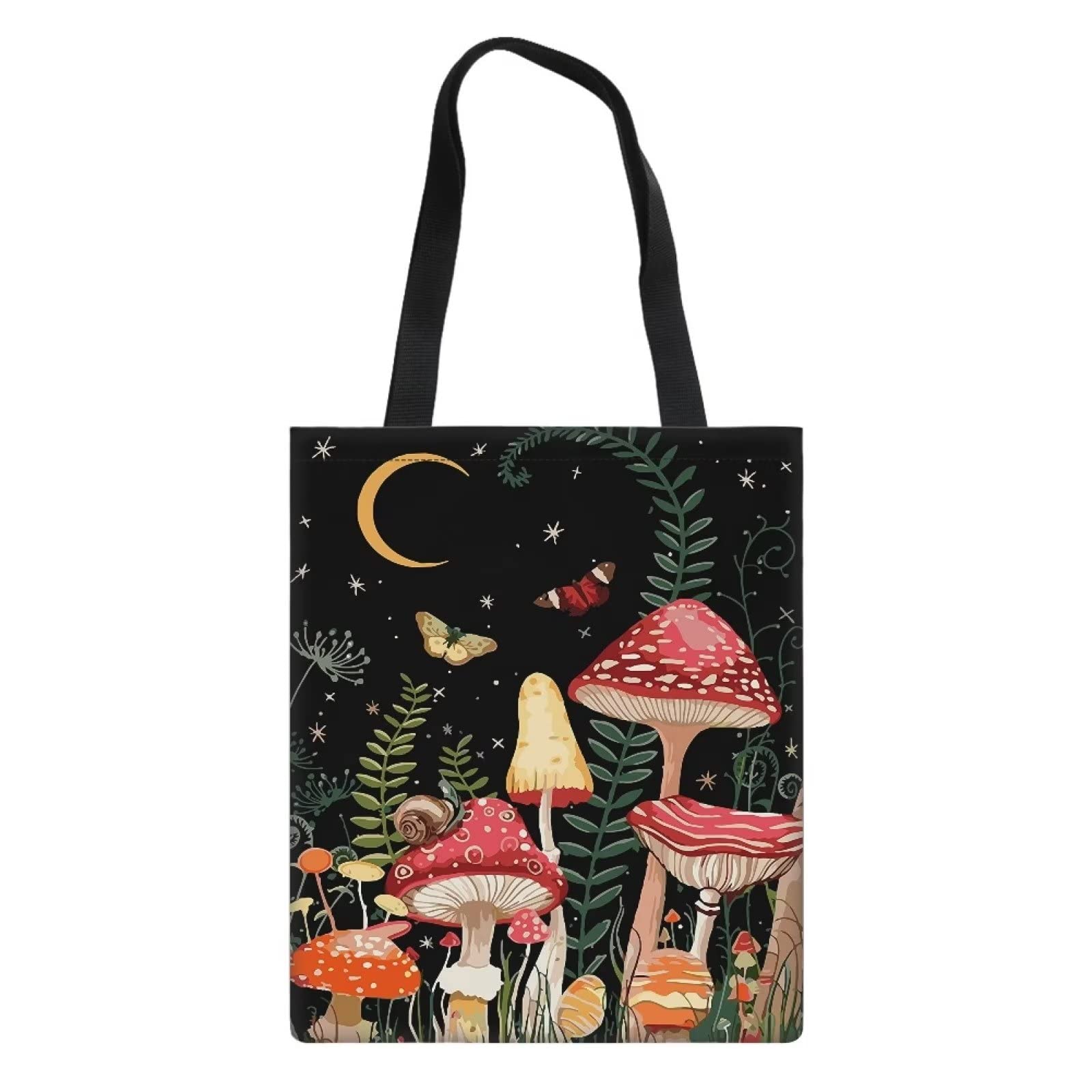 Showudesigns Mushroom Canvas Tote Bag with Pockets for Teachers School Book Bag Butterfly Reusable Grocery Bags Washable Shopping Bags for Women Moon Night