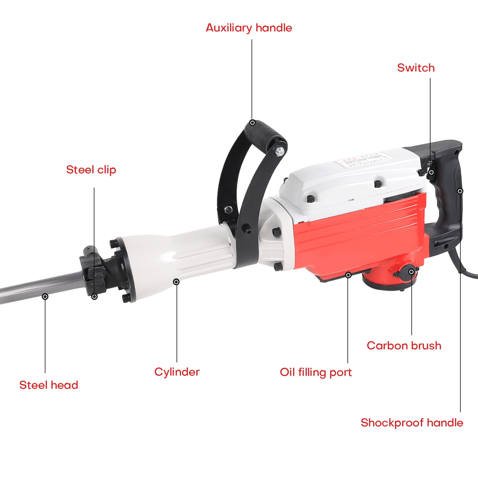 Electric Jack Hammer Demolition Concrete Breaker 2200W 1400BPM Flat and Bull Point Chisel *New*