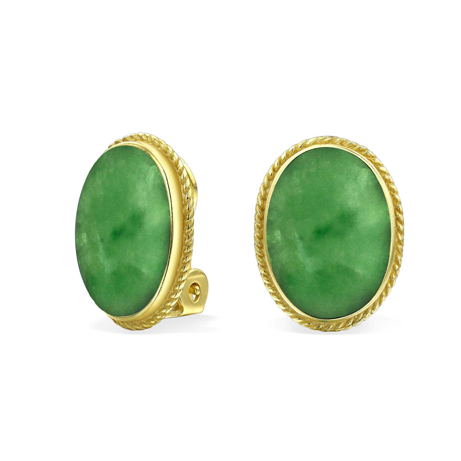 7CTW Oval Cabochon Oval Dyed Green Jade Rope Cable Bezel Gold Plated .925 Sterling Silver Clip On Earrings For Women Clip Only Is Alloy