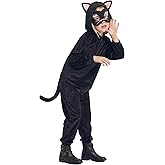 IKALI Girls Cat Costume, Black Cat Plush Hooded Jumpsuit, Cute Kitten Kitty Animal Dress up for Toddlers Kids Boys