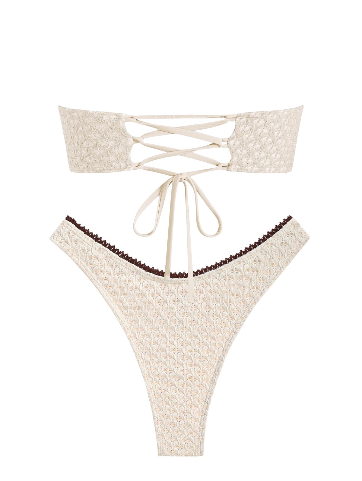 ZAFUL Women's Strapless Bikini Openwork Textured Bow Ruched Lace Up High Cut Bandeau Swimsuit Bathing Suits (0-a-Beige, M) - Image 5