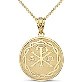 Sideways Crosses 14k Gold Chi Rho Alpha Omega Symbol Medallion Round Pendant Necklace, 20"