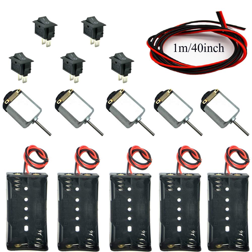 DC Motor, HERKINDNESS 5 Sets of DC Motor Kits Mini Model Electric Motors 1.5-6V 24000RPM Min ± 5% 5 Mini Boat Switches 5 AA Battery Holders Red and Black Two-tone 0.5 Square Cable (40 inch)