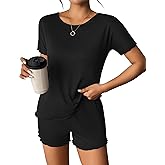 Ekouaer Pajama Set for Women with Pockets Short Sleeve 2 Piece Lounge Set Women Loose T Shirts and Shorts Soft Sleepwear