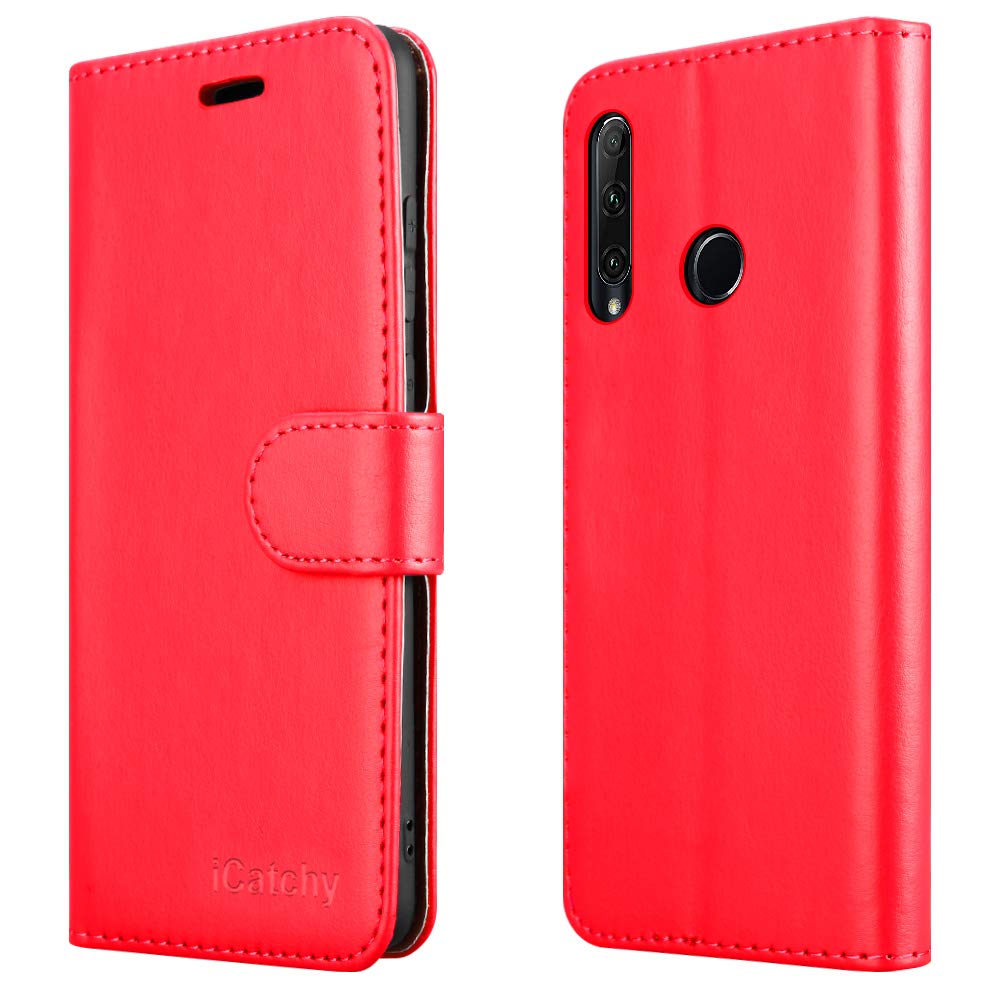 iCatchy For Huawei Honor 20e Case Leather Wallet Book Flip Folio Stand View Cover compatible with Huawei Honor 20e (6.21") (Red)