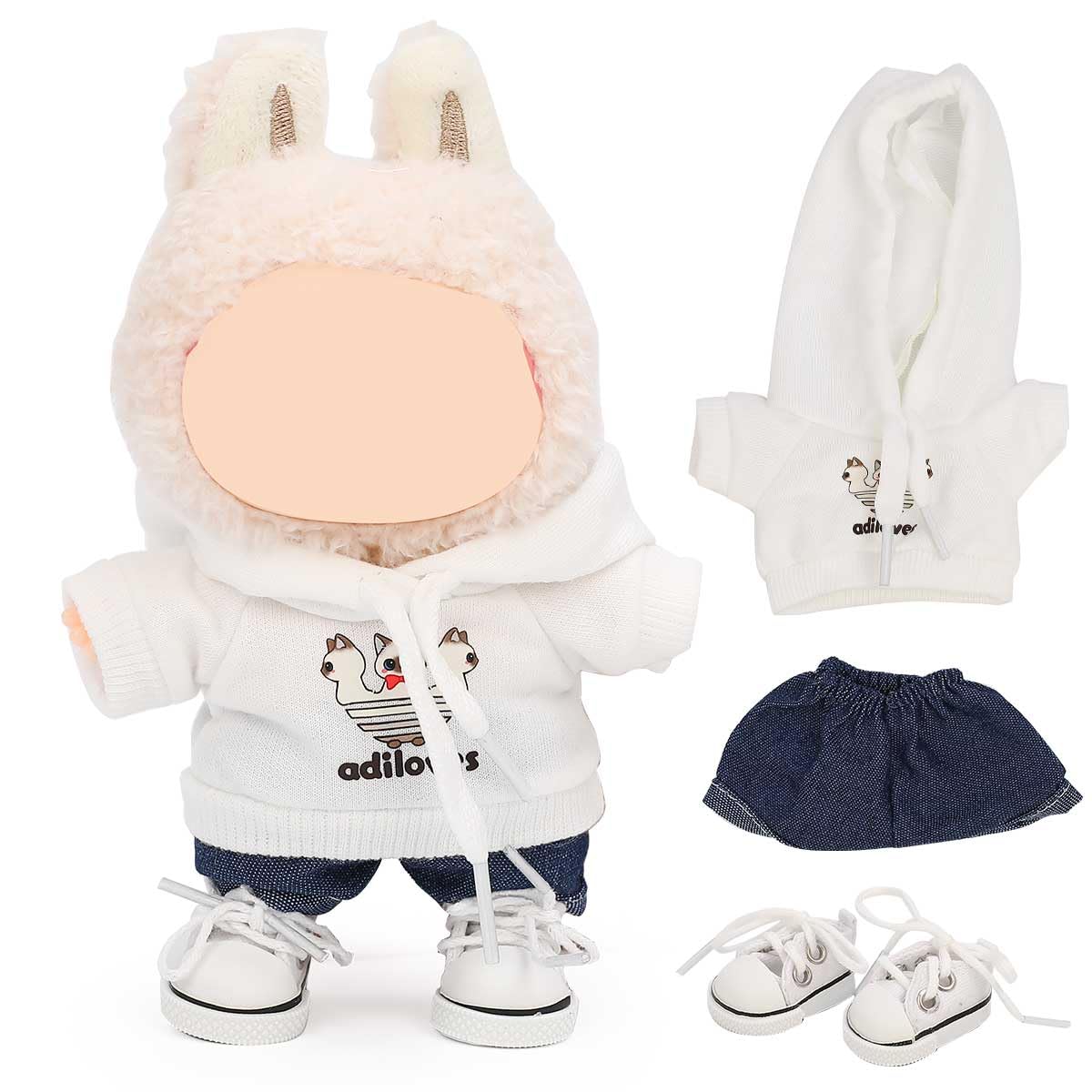 LEWOTE Clothes Set Compatible for Labubu Doll, Hat Suit Ornaments Accessories Set for 17cm/6.7inch Doll (Hoodie/Denim Shorts/White Shoes)