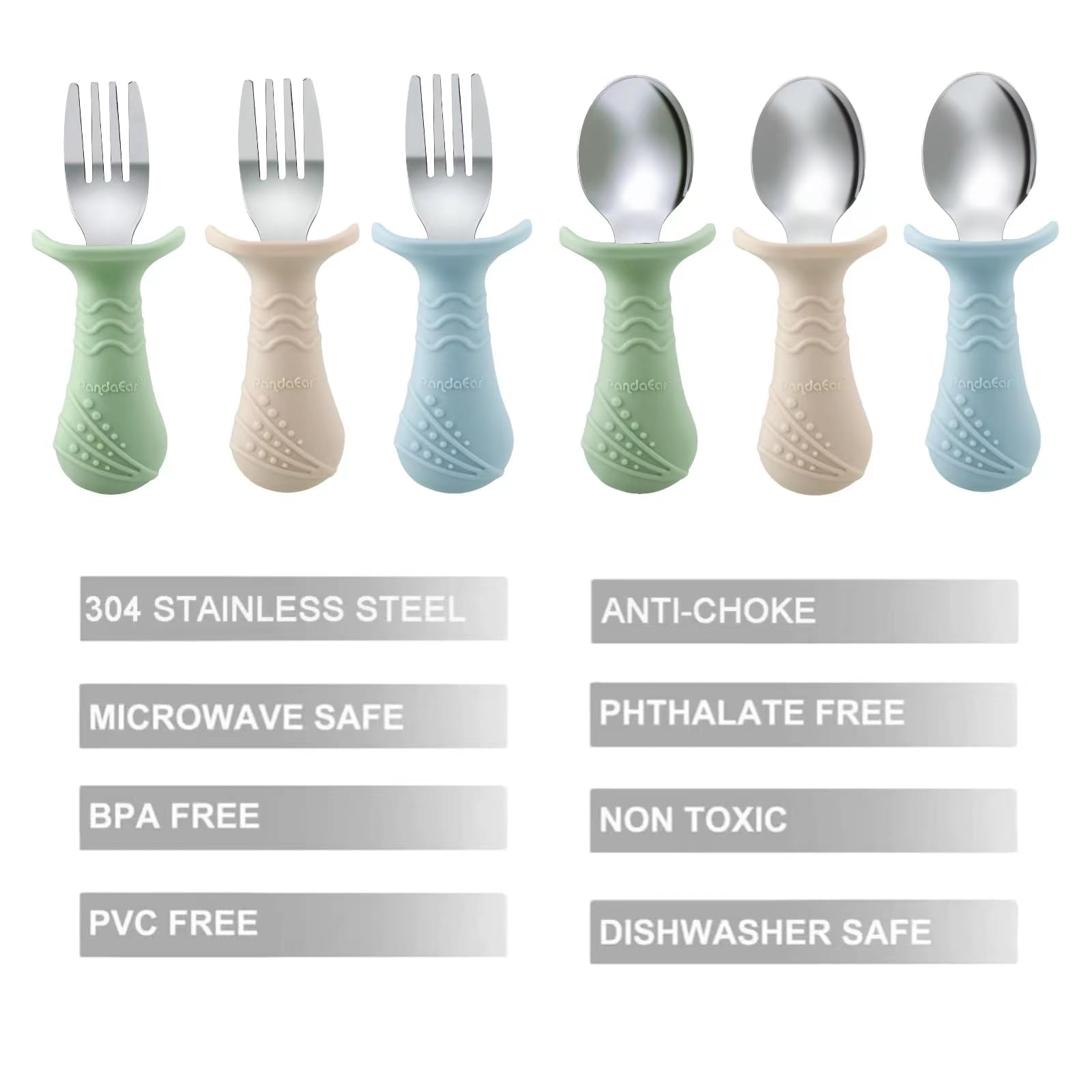PandaEar Baby Toddler Fork and Spoon Utensil Set, 6 Pack Silicone Stainless Steel Silverware Spoon Fork for Babies Toddler, BPA Free with Silicone Holding Anti-Choke Design (Green Blue Brown)