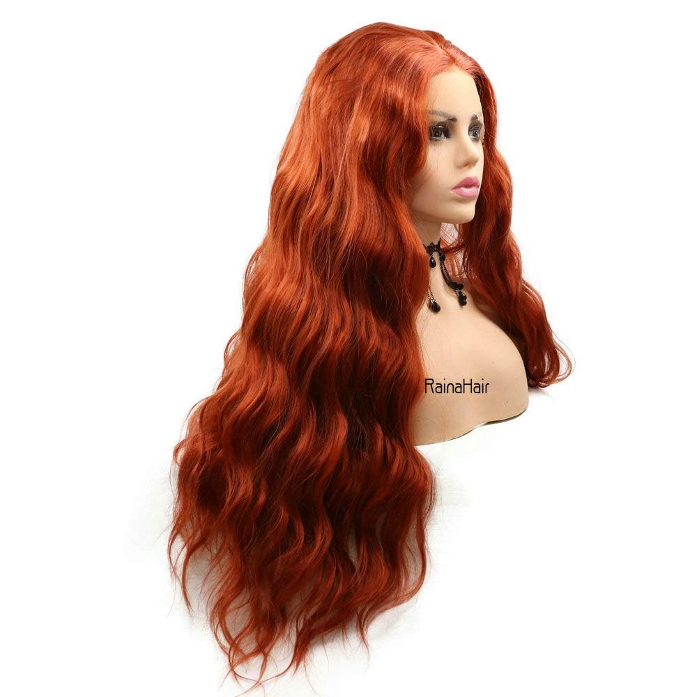 RainaHair 26inches Copper Red Long Loose curly Wavy Synthetic Lace Front Wig for Women Beauty Wig for Party Heat Reisitant Fiber Hair