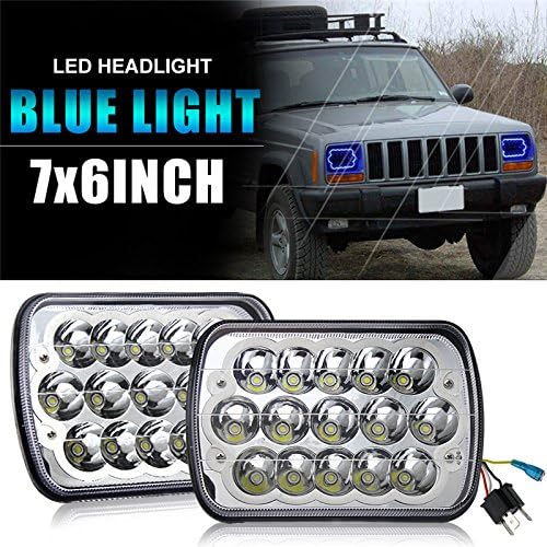 Jiuguang 2pcs 45w 5"x7" 7"x6" Rectangular Led Headlights with Blue Color Angel Eye for Jeep Wrangler YJ Cherokee XJ Trucks 4X4 Offroad Headlamp Replacement H6054 H5054 H6054LL 69822 6052 6053